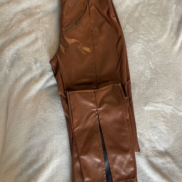 Leather Brown Split Leg Pants - Picture 4 of 7